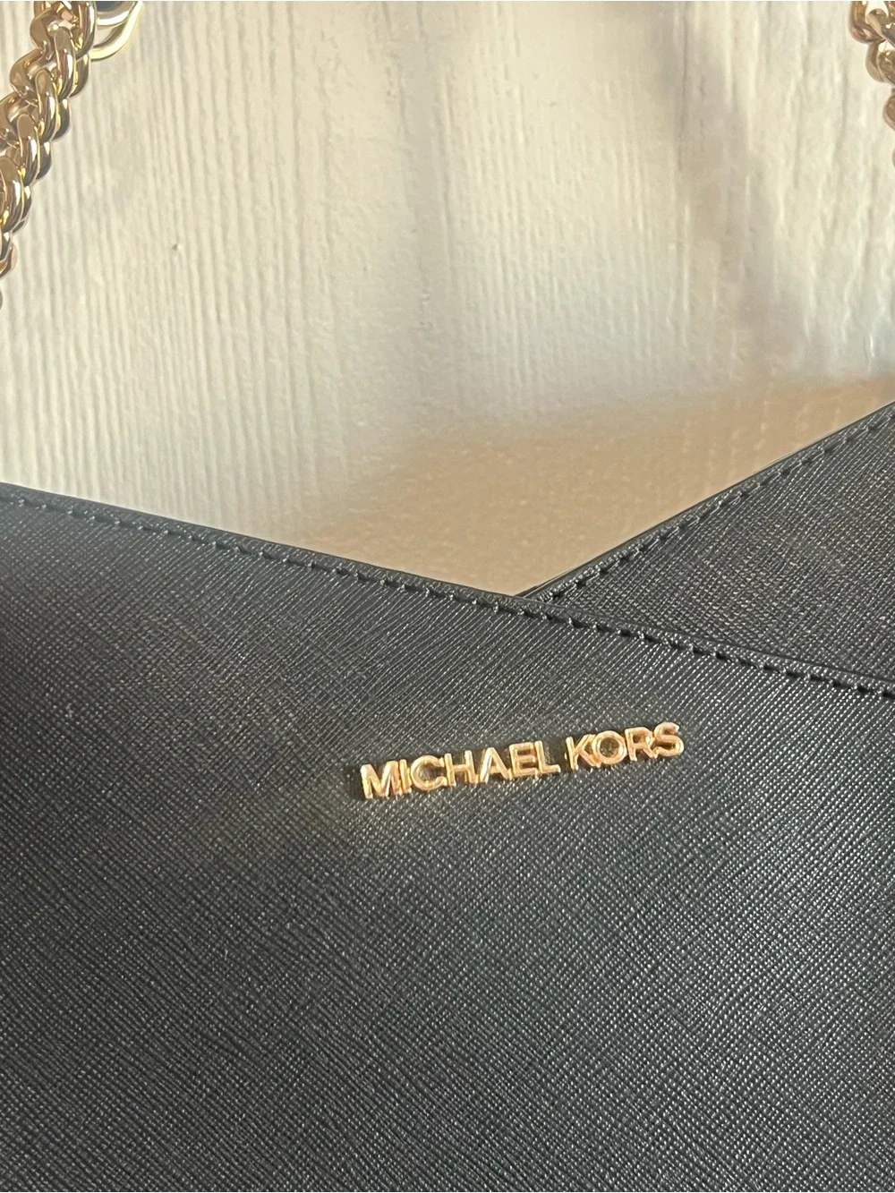 Michael Kors Jet Set Travel Large Chain Shoulder Tote Bag MK Black Leather Gold
